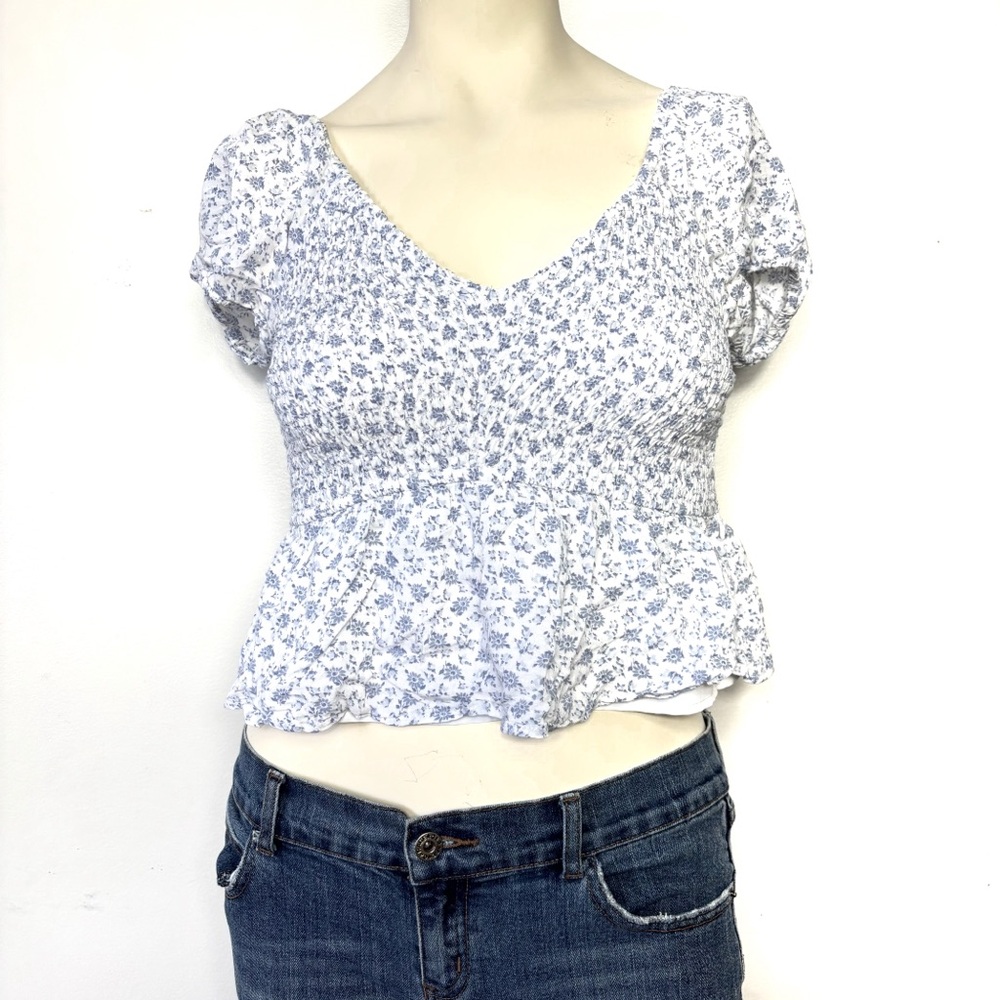Hollister Blue and White Puff Sleeve Smocked Blouse